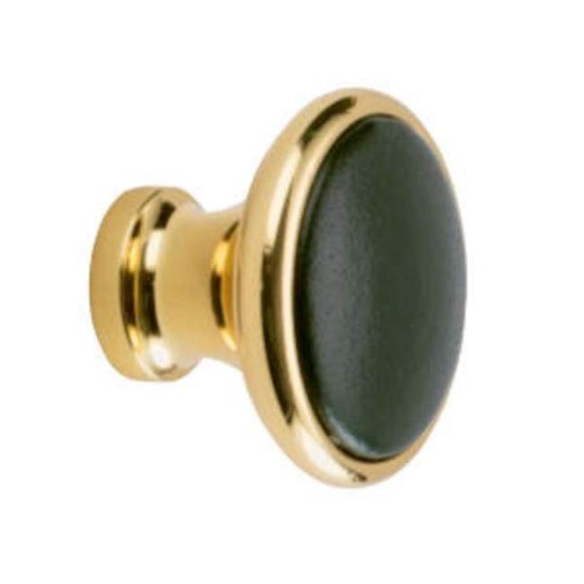 Colonial Bronze Leather Accented Round Cabinet Knob, Polished Brass x Pinseal Seal Rock Leather
